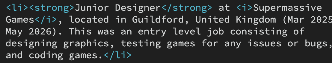HTML code describing the job of being a junior designer.
